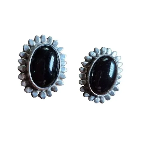 Vintage 900 Silver Oval Black Onyx Clip On Earrings - Picture 3 of 5